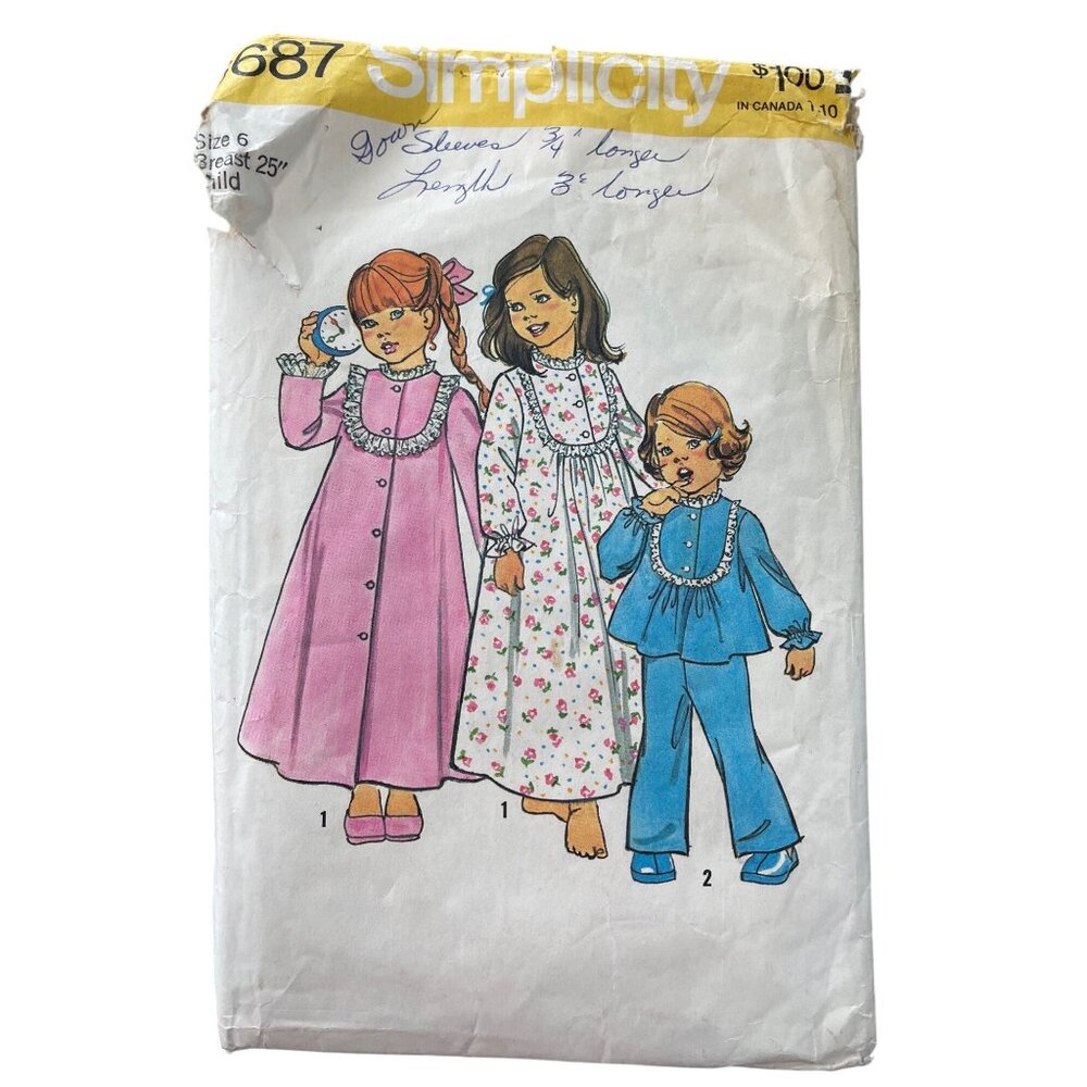 70s Simplicity 6687 Sewing Pattern Size 6 Girls Nightgown Pajamas and Robe CUT
